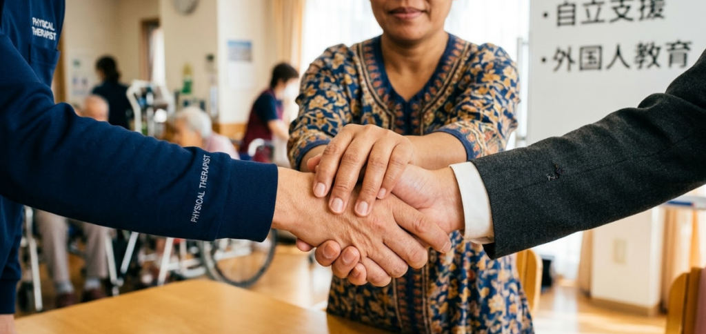 利用者と外国人スタッフと社長が握手